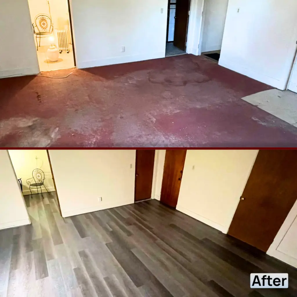 Before and after view of an interior room showing stained carpet replaced with hardwood-style flooring