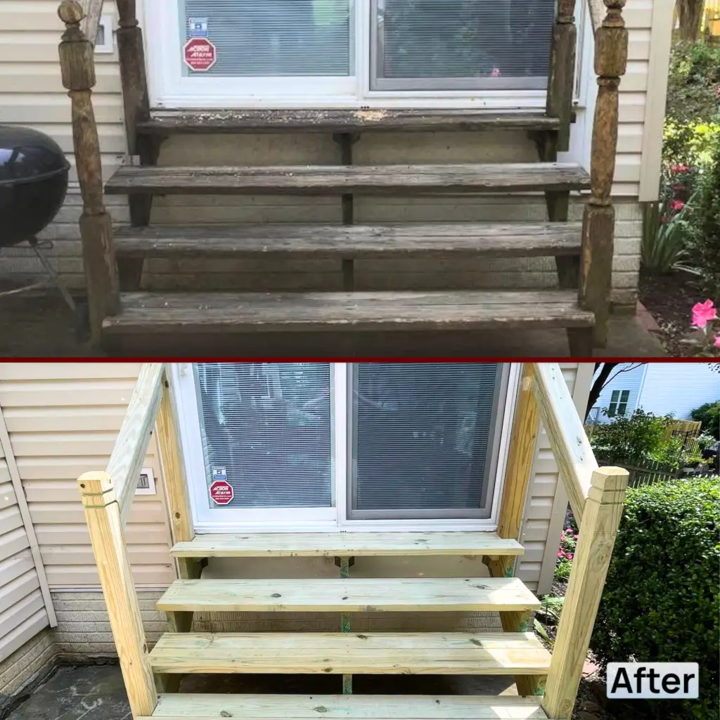 Before and after view of a wooden staircase showing replacement with custom-built wood stairs