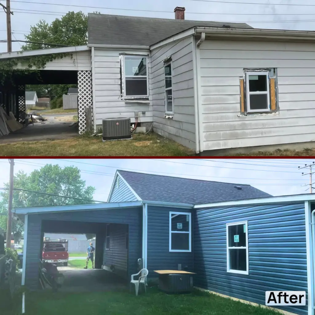 Before and after view of a home showing new vinyl siding and asphalt shingle roof replacement