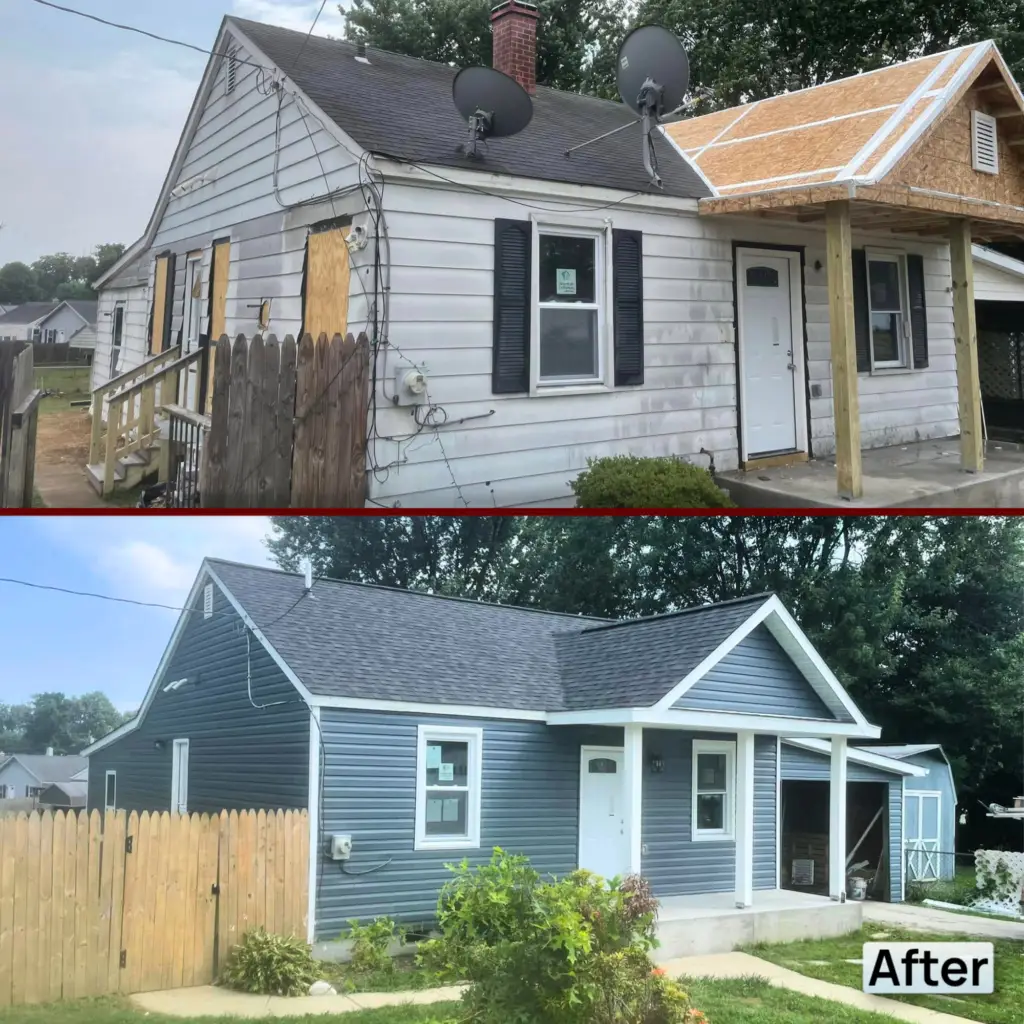 Before and after picture. The before picture shows a home with white, damaged siding and deteriorating asphalt shingles, and the after picture shows the home with a new roof and new blue vinyl siding