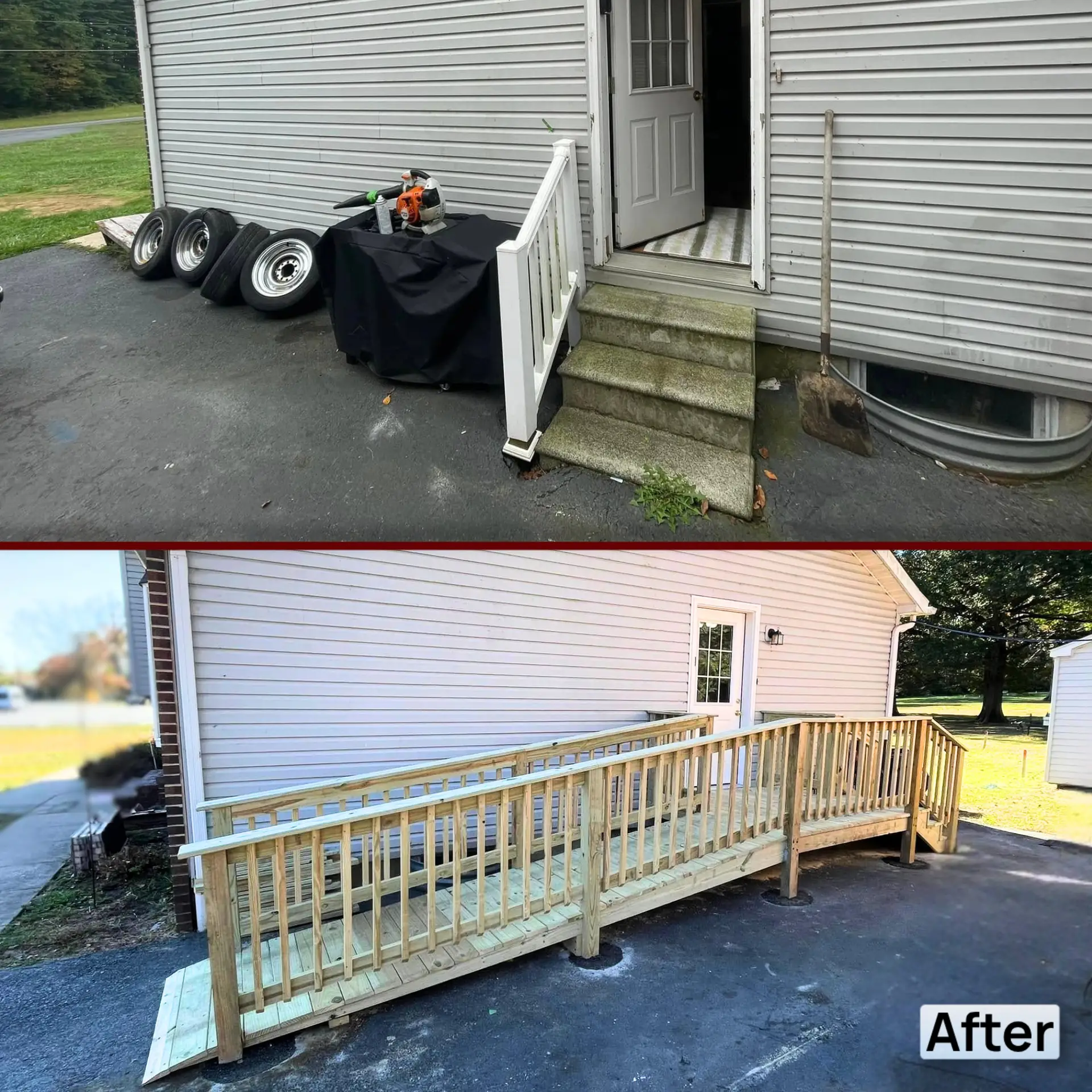 Before and after view of a home entryway showing concrete steps replaced with an accessibility ramp