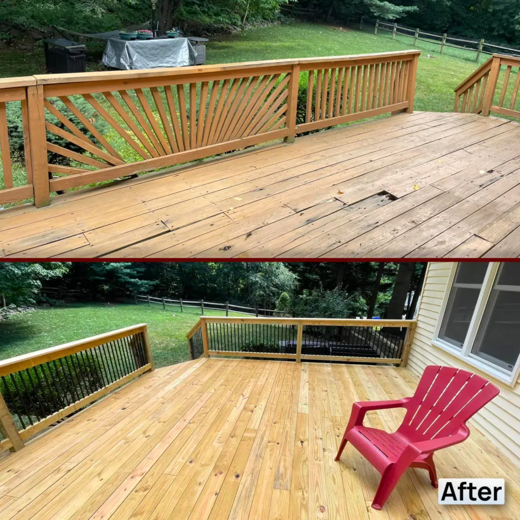 Before and after view of a backyard deck showing replacement of deck boards and railings