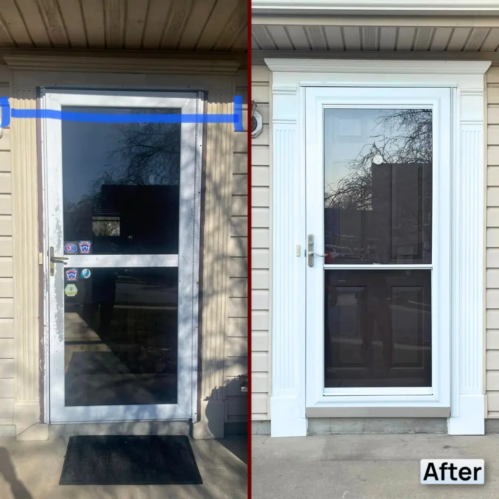 Before and after view of a front entry door showing replacement of the exterior door frame