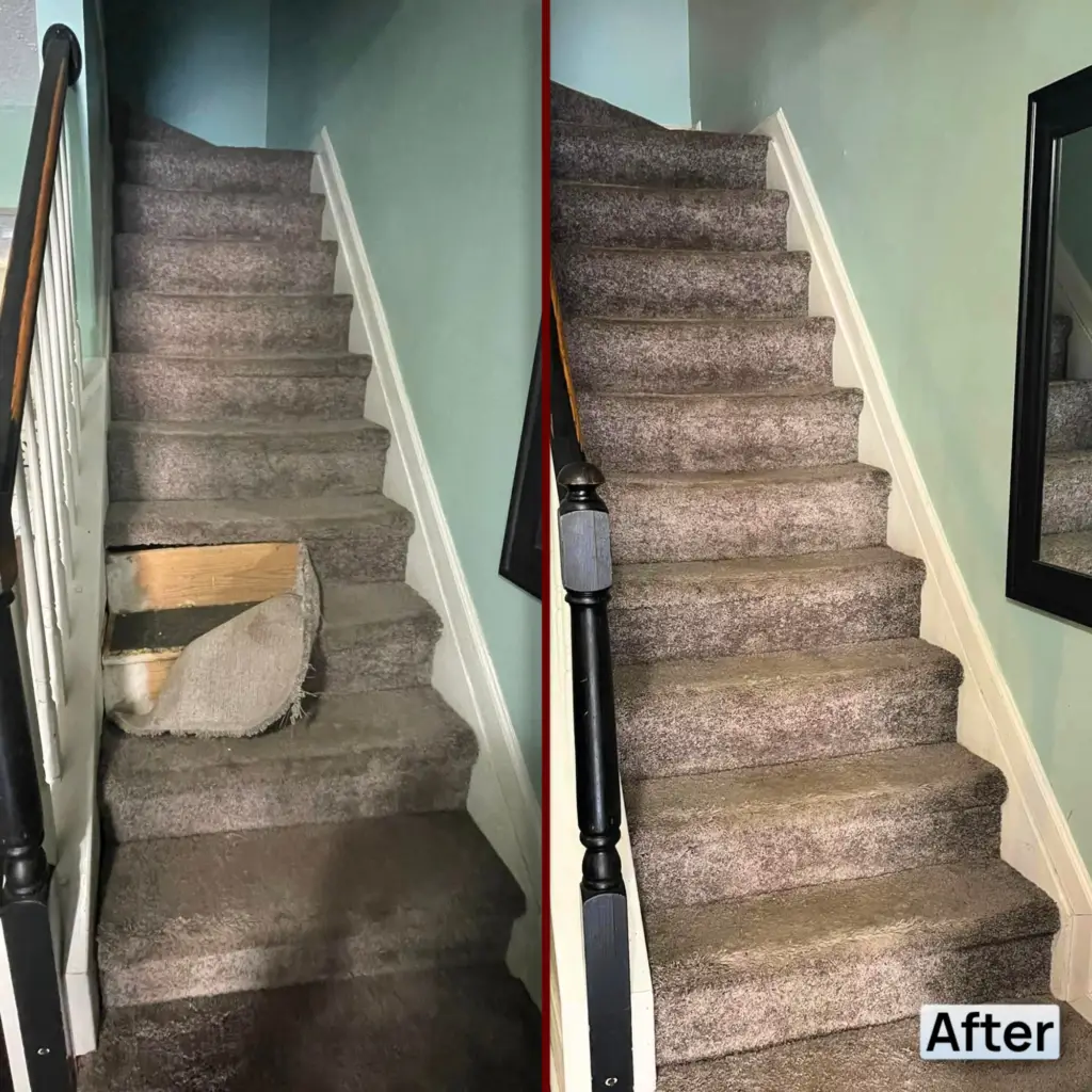 Before and after view of an indoor staircase showing carpet damage repaired and restored