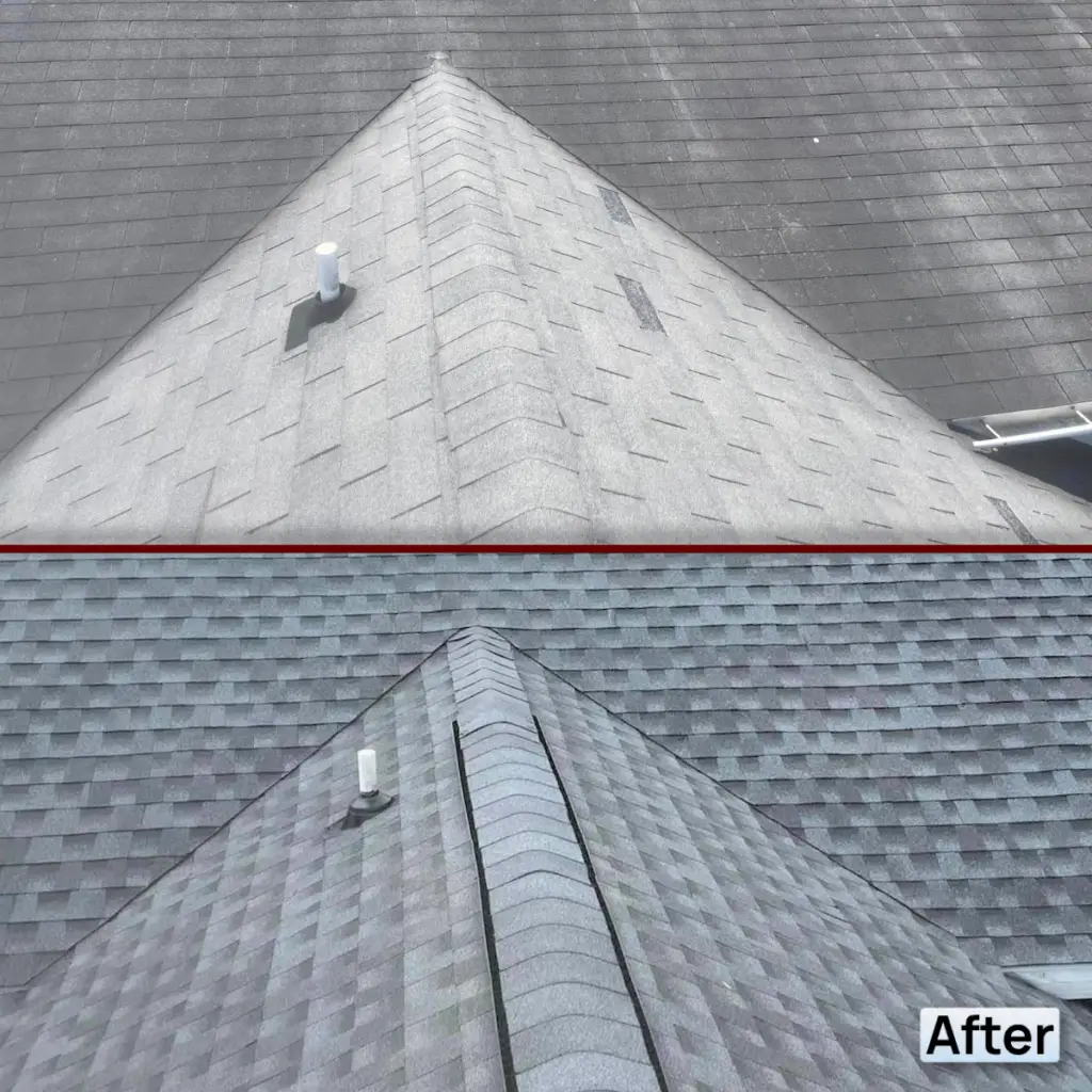 Before and after picture, with before showing roof with old asphalt shingles, and after showing brand new asphalt gray shingles.