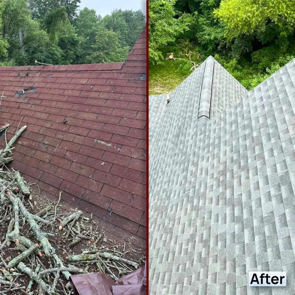 Before and after picture, with before showing roof with damaged asphalt shingles and fallen tree branches following storm damage, and after showing brand new asphalt gray shingles.